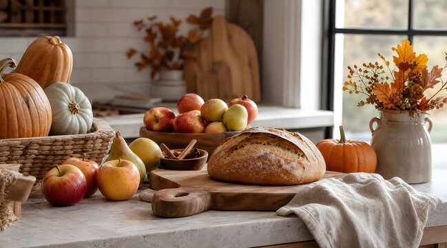 cozy halloween autumn breakfast with bread apples pumpkins and seasonal decoration