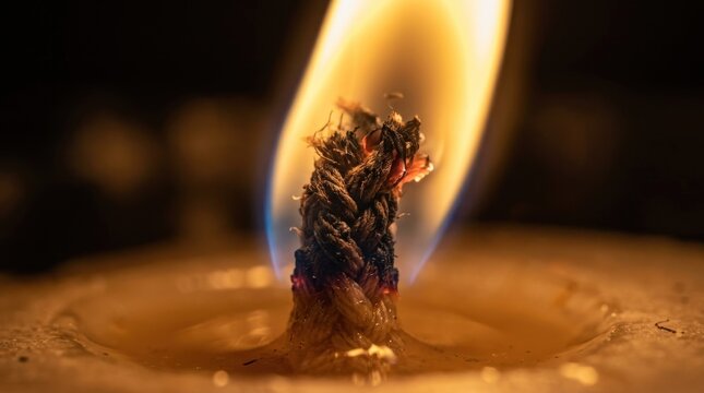 Close-up of a burning candle wick with golden flame and dark background.