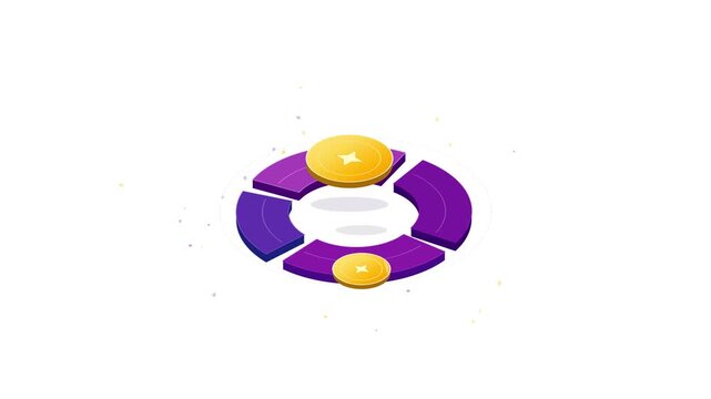 Gold Coins Dropping into an Isometric Purple Circular Data Chart