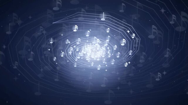 Abstract digital animation of glowing musical notes swirling in a cosmic blue space vortex