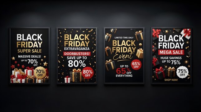 Black friday super sale flyers set with gift boxes and discount