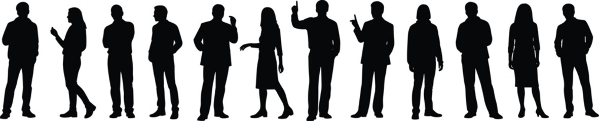 Fototapeta premium Large Collection of Diverse People Silhouettes Featuring Men and Women in Professional Business Attire Standing in Various Poses Isolated on White Background for Corporate Design
