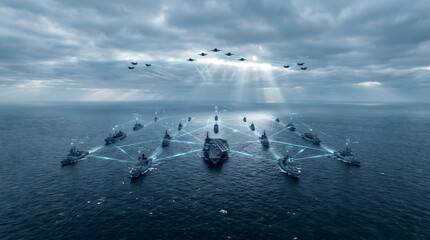 Obraz premium Advanced futuristic naval fleet strike group with fighter jets at sea