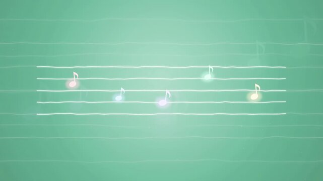 Abstract glowing musical notes floating on a green background with flowing staff lines