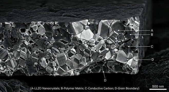 Detailed cross section of ZNO Nanocrystals within a Polymer Matrix with Conductive Carbon and Grain Boundaries