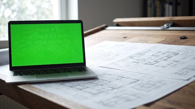 Laptop computer with green screen monitor placed on a wooden architect desk with house floor plan blueprints in office