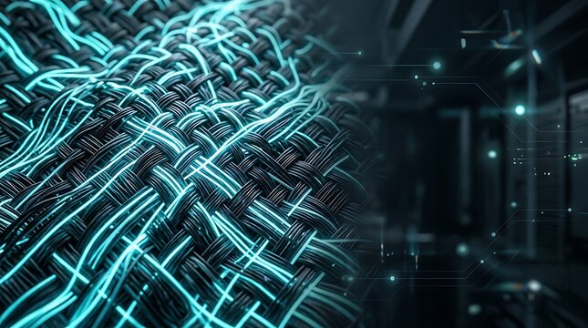Futuristic smart fabric with glowing digital data threads representing advanced technology.