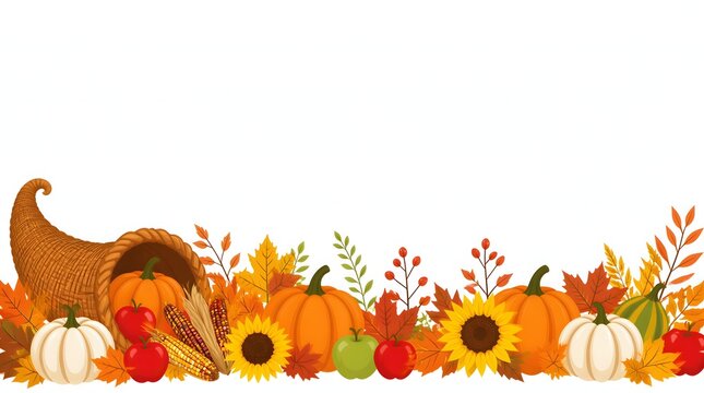 Thanksgiving Harvest Horizontal Banner Border with Cornucopia Pumpkins Sunflowers and Autumn Leaves