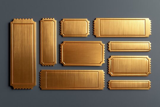 Set of golden metallic ticket frames on a dark background