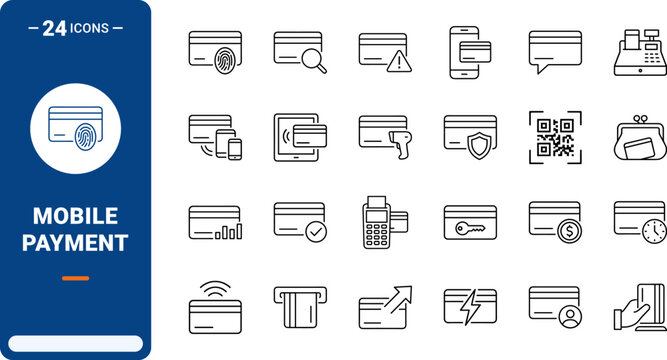 Credit Card Mobile Card Payment Web Icon Set in Linear Style. Collection of Digital Pay line icons, including contactless, payment terminal, digital wallet, transaction, online checkout, security.