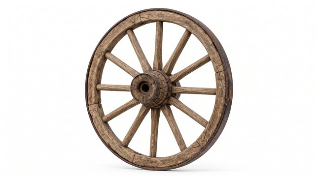 Vintage wooden wagon wheel with iron rim, antique carriage wheel for rustic decor, weathered timber cart wheel isolated PNG with Transparent Background