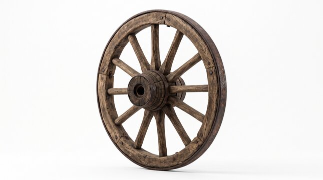 Vintage wooden wagon wheel with iron rim, rustic antique cart wheel, weathered timber spoke wheel for western decor isolated PNG with Transparent Background