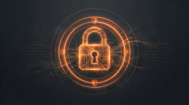 Glowing digital padlock icon representing cybersecurity and data protection technology.