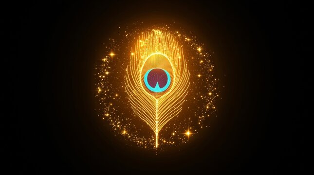 Glowing peacock feather symbol radiating ethereal light in cosmic dark background with illustration