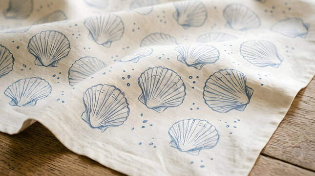 Delicate scallop shell pattern hand sketched in soft dusty blue linework with small dotted accents on light cream fabric for interior design ideal for wall art and canvas print projects