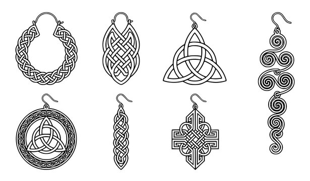 Celtic earring outline icon collection with interlaced knot and ornamental jewelry vectors