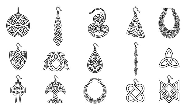 Celtic earring outline icons with knot spiral and interwoven jewelry vector set