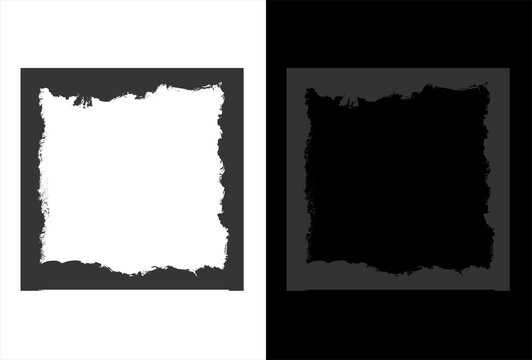 Grunge border frames with torn paper edges, distressed square photo mask set, vintage black and white textured overlays for photography