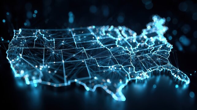 A glowing blue digital map of the United States with interconnected lines and bright points on a dark background. Represents network connectivity, communication, and logistics.
