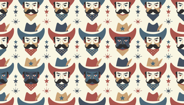 Seamless wallpaper pattern of handsome cowboy faces with mustaches, bandanas, and hats on a cream background.