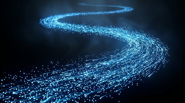 Winding blue data stream glows across a dark abstract technology background.
