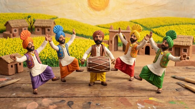 Clay figures of Punjabi men in colorful turbans dancing bhangra and playing the dhol in a traditional village setting