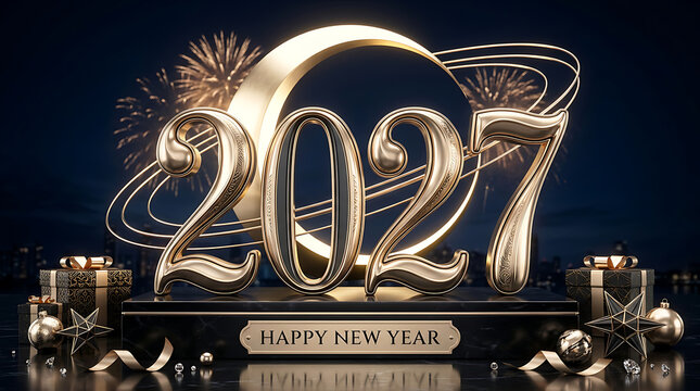Golden numerals spelling two thousand twenty seven rest upon a dark reflective surface with festive decorations