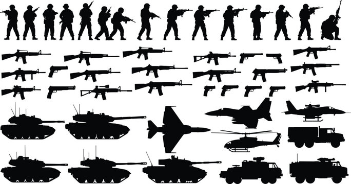 Huge vector set of black military silhouettes featuring combat soldiers, heavy tanks, army trucks, fighter jets and weapons for war themed graphic design