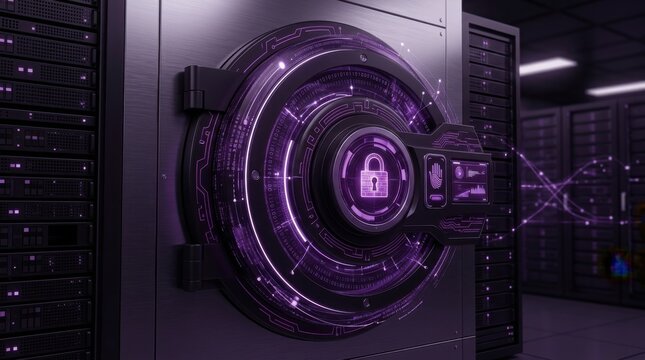 Digital vault door with glowing purple cyber security lock in a modern server room data center