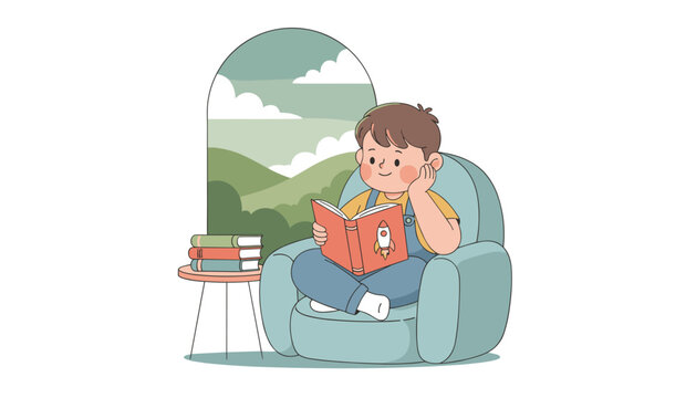 Cute little boy sitting in a cozy armchair reading a rocket book with a scenic mountain view outside the window.