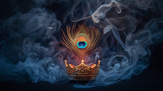 Mystical peacock feather and crown emerging from swirling incense smoke with surreal glowing peacock