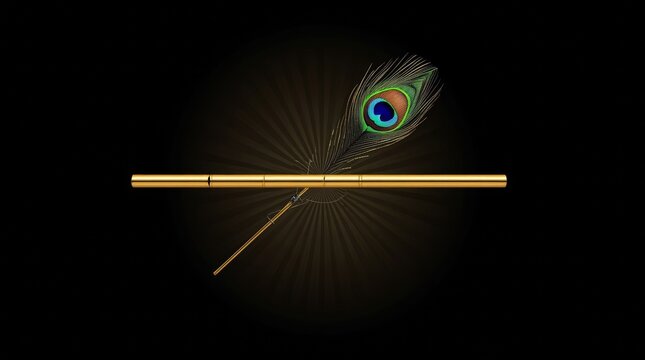 Ethereal golden flute and iridescent peacock feather glowing against dark backdrop with illuminated