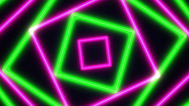 Neon glowing geometric squares animation abstract background
