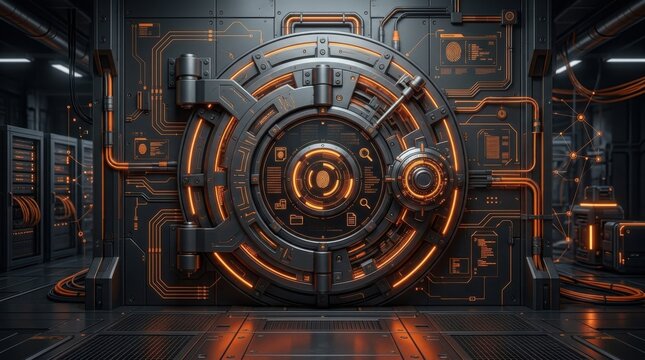Digital vault door with glowing orange circuits for cybersecurity and data protection.