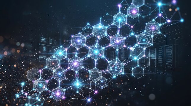 Glowing hexagonal network visualizes data flow within a secure server room environment.