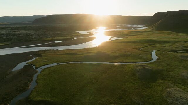 River Canyon at Sunset With Lens Flare, Iceland Aerial