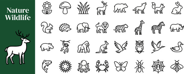 Fototapeta premium Forest Animals outline icon set. Featuring deer, bear, tiger, giraffe, and zebra symbols. Editable stroke vector icons for wildlife park and nature encyclopedia.