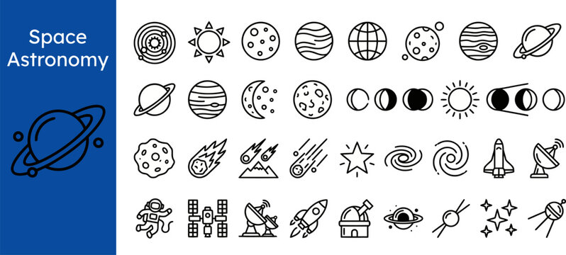 Planetary Science outline icon set. Featuring planets, moon phases, meteor, galaxy, and space shuttle symbols. Editable stroke vector icons for astronomy lesson and observatory guide.