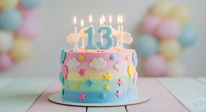 Colorful birthday cake for thirteen year old party celebration