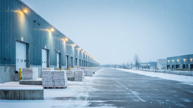 Industrial warehouse loading docks covered in snow during a cold winter day. Logistics and supply chain management concept for winter operations.