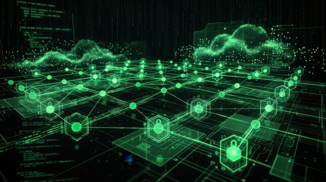 Futuristic digital data encryption grid with glowing green security locks and network nodes