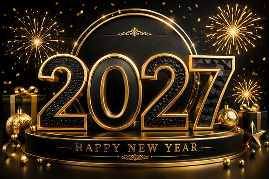 Golden numerals representing two thousand twenty seven adorn a celebratory new year scene