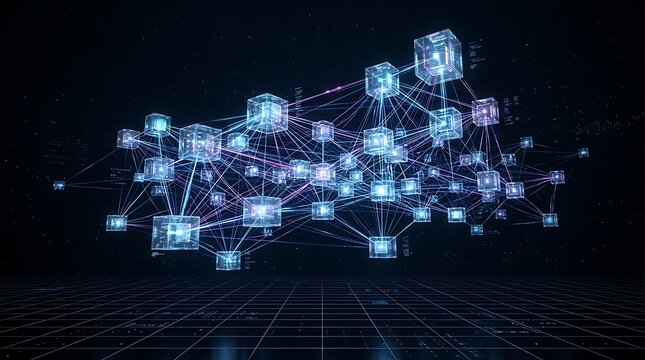 Futuristic glowing blockchain network connecting data cubes in abstract digital space.