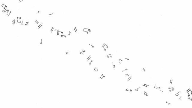 Abstract animation of floating musical notes and symbols drifting across a white background