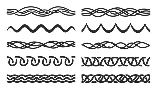 Vintage border collection with various wavy, braided, and twisted linear patterns in black silhouette on a white background.