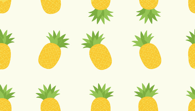 Bright seamless pattern of tropical yellow pineapples with vibrant green leaves over a light cream background.