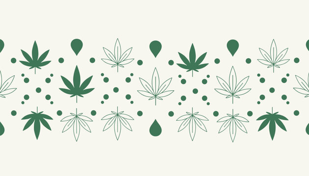 Horizontal seamless border pattern featuring green cannabis leaves, drops, and dots on a cream white background.