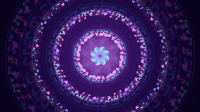 Abstract psychedelic kaleidoscope animation with rotating colorful neon circles and symmetrical geometric patterns