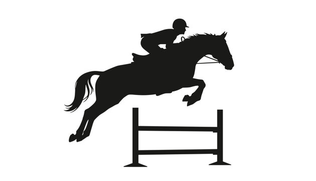 Silhouette of a professional equestrian rider and horse jumping over an obstacle fence vector illustration.