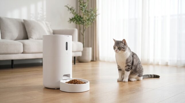 digital pet food timer concept. Cat waiting for food from an automatic pet feeder in a modern living room.
